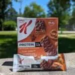 Closeup photo of packaging showing Special K Chocolate Peanut Butter Protein Meal Bar with 12g of protein