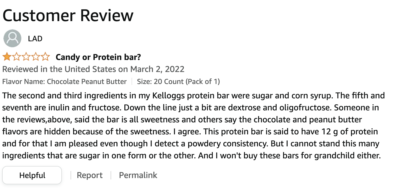 Screenshot of Amazon customer review questioning whether the Special K bar is a candy or protein bar.