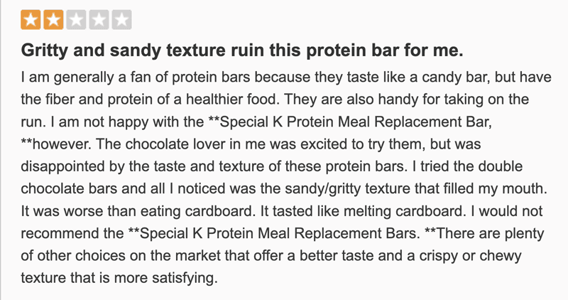 Screenshot of customer review complaining that the Special K Protein Meal Bar has a gritty and sandy texture.