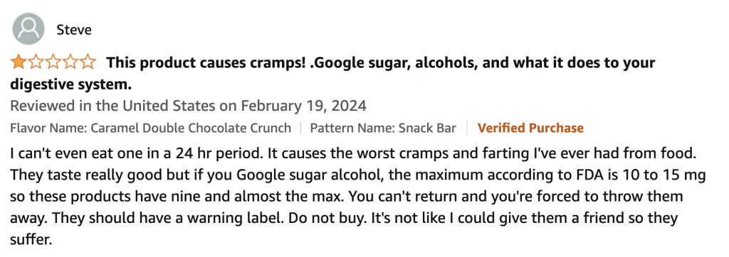 atkins-protein-bar-amazon-review Negative Atkins Protein Bar review from Amazon stating the sugar alcohols in the product cause havoc on your digestive system